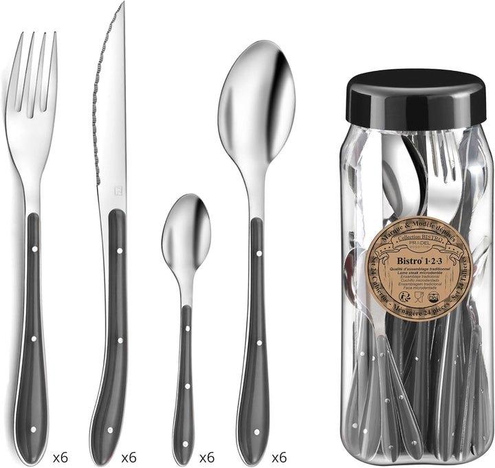 Amefa S24 PP Bistro Besteck, 24 Teile, Edelstahl, 1,5 mm dick, Grau/Schwarz, 9 x 9 x 24 cm, Schwarz