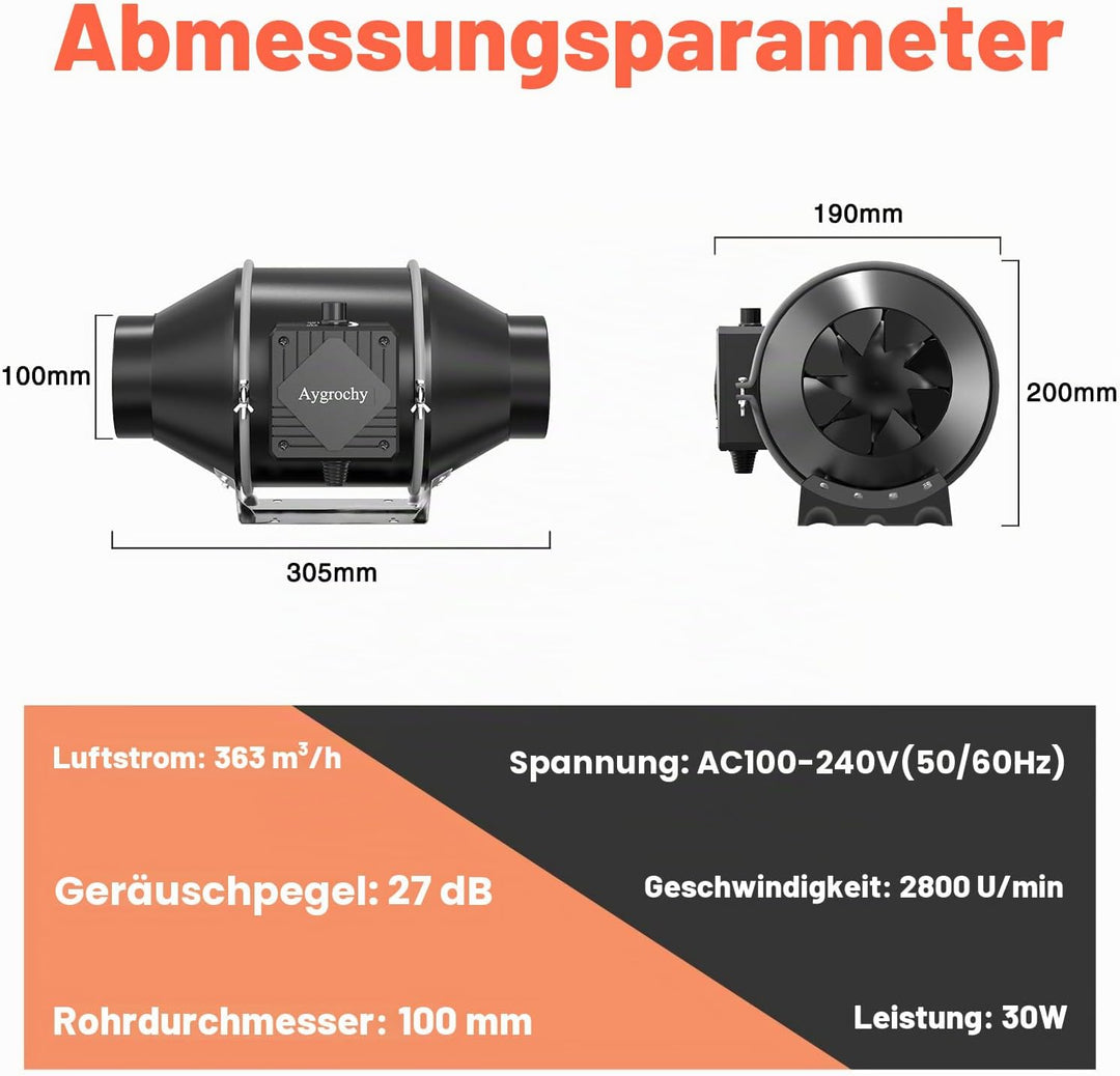 Aygrochy 100mm Regelbar Rohrventilator mit Abluftschlauch, Drehstrom EC motor Abluftventilator für H