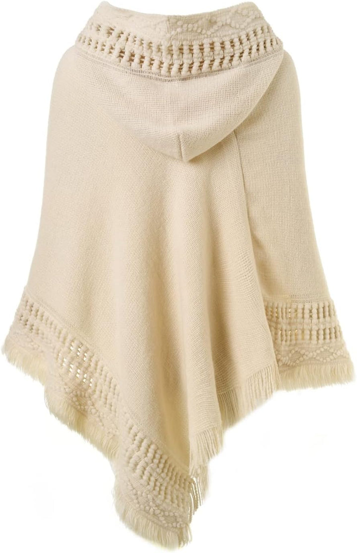 Ferand Damen Poncho mit Kapuze und gehäkeltem Cape mit Fransensaum für Herbst Winter Einheitsgrösse