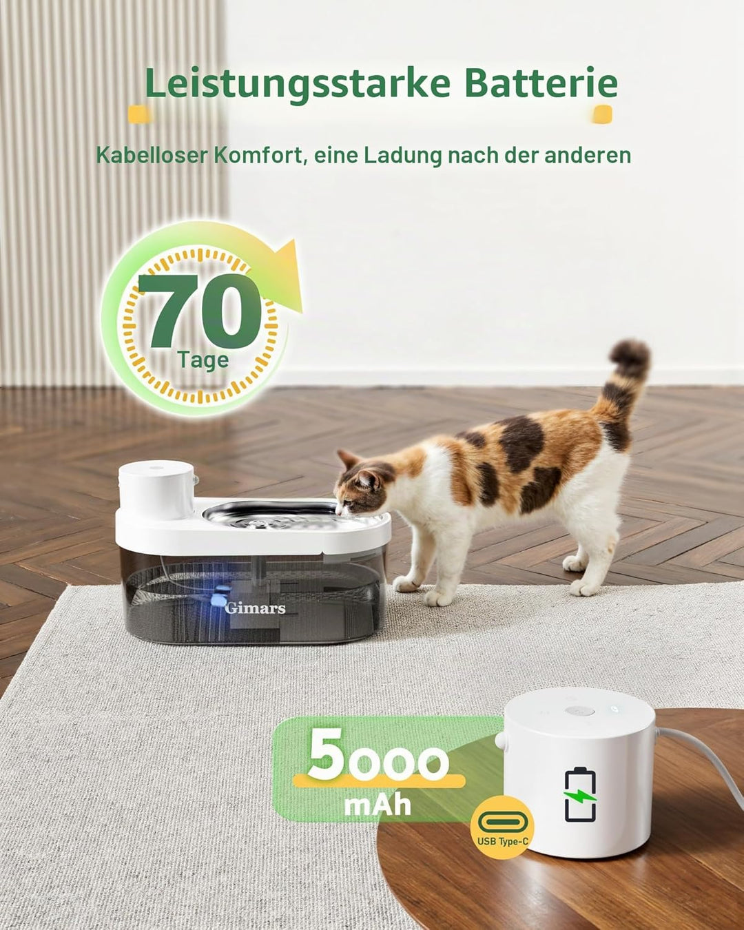 Gimars 4L UltraLeiser BPA-frei Katzenbrunnen Kabellos mit Bewegungsmelder, 5000mAh Akku, Trinkbrunne