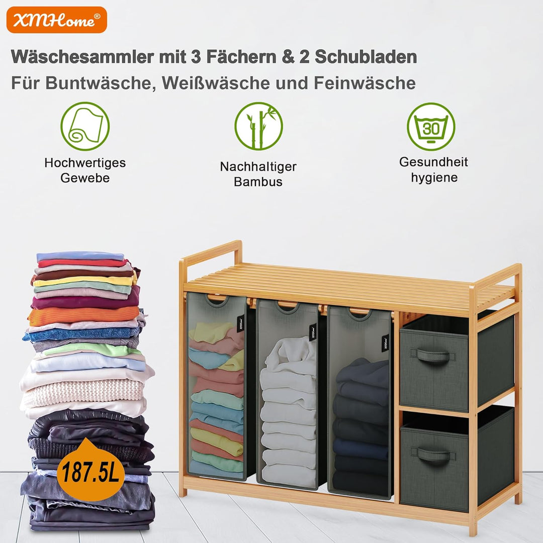 Bambus Wäschekorb 188L mit 2 Wäschesäcken & 2 Aufbewahrungsboxen, 5-Fach Wäschesortierer mit Bambus