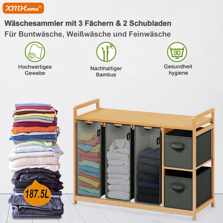 Bambus Wäschekorb 188L mit 2 Wäschesäcken & 2 Aufbewahrungsboxen, 5-Fach Wäschesortierer mit Bambus