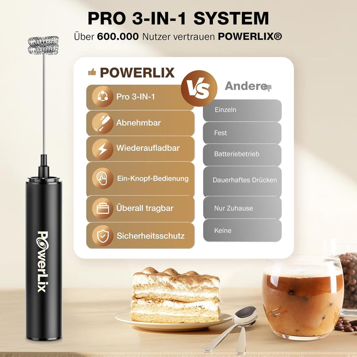 POWERLIX Pro 3-in-1 Elektrischer Milchschäumer Handheld - USB-C Wiederaufladbar, 10.000 U/min Schnel