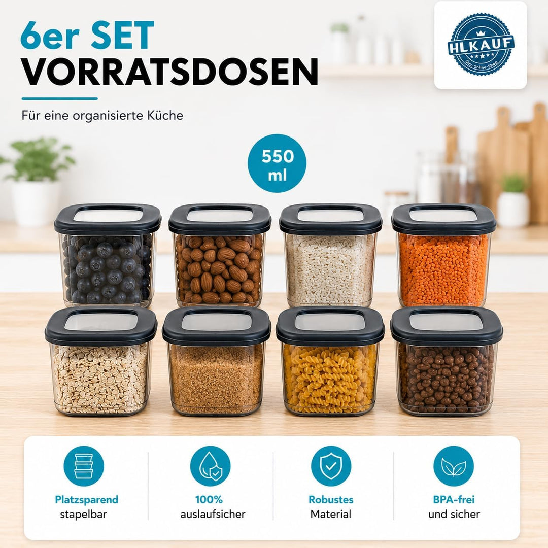 HLKauf Vorratsdosen mit Deckel 6x 550ml luftdicht diverse Sets Küchenorganizer Aufbewahrungsbox BPA