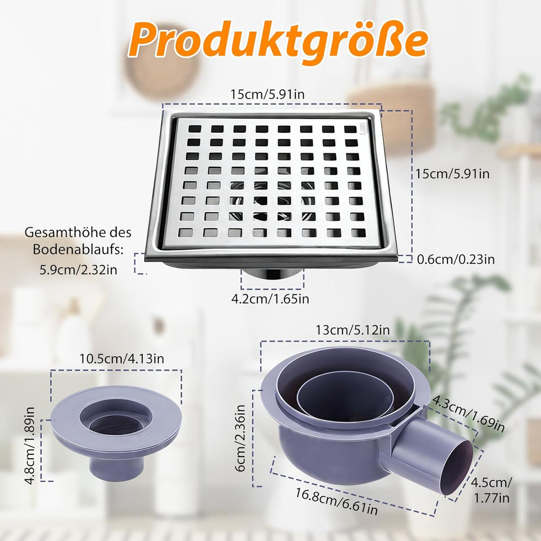 15cm x 15cm Edelstahl Bodenablauf, Aartner Quadratisch Bodenablauf Edelstahl, Bodenablauf Abfluss Du