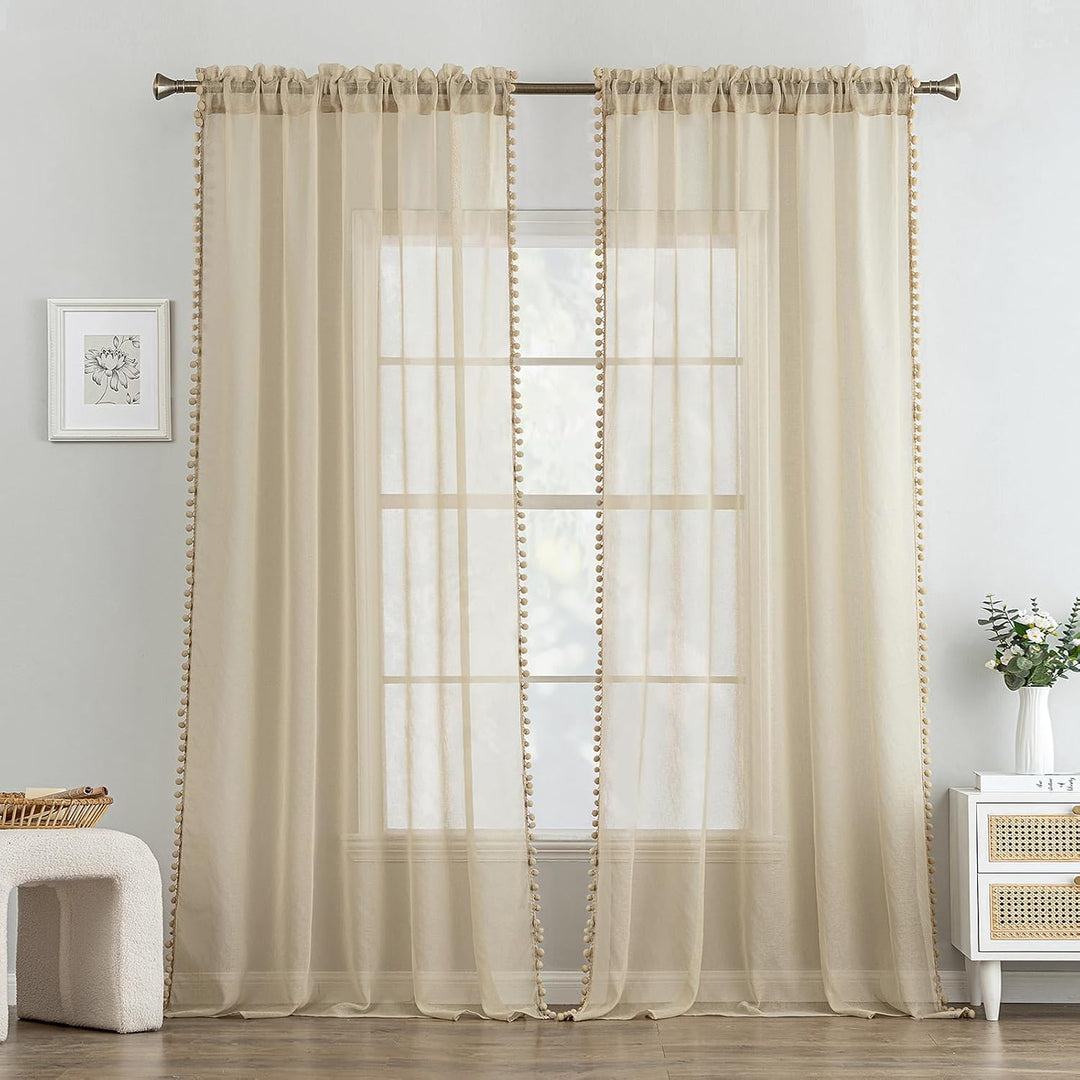 MIULEE Gardinen mit Pompons-Hübsche Beige Transparent Gardinen für Kinderzimmer Mädchen, 2 Stücke Vo
