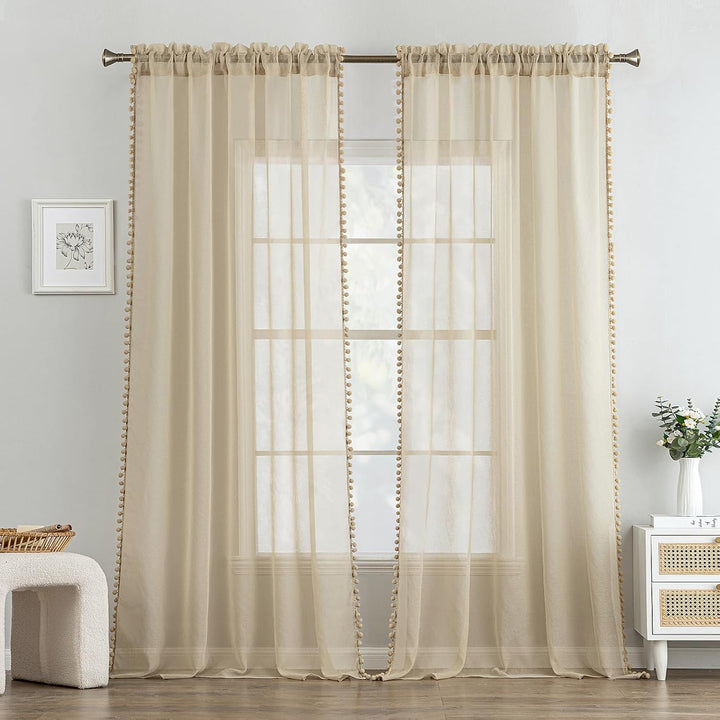 MIULEE Gardinen mit Pompons-Hübsche Beige Transparent Gardinen für Kinderzimmer Mädchen, 2 Stücke Vo