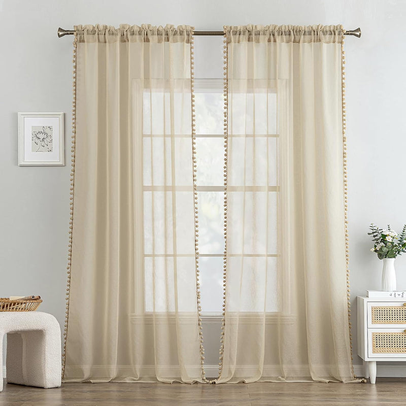 MIULEE Gardinen mit Pompons-Hübsche Beige Transparent Gardinen für Kinderzimmer Mädchen, 2 Stücke Vo