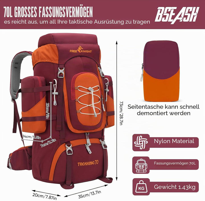 Bseash 70L (65+5) Wasserdichter Wanderrucksack mit Regenschutz, Outdoor-Sport, Reisen, Tagesrucksack