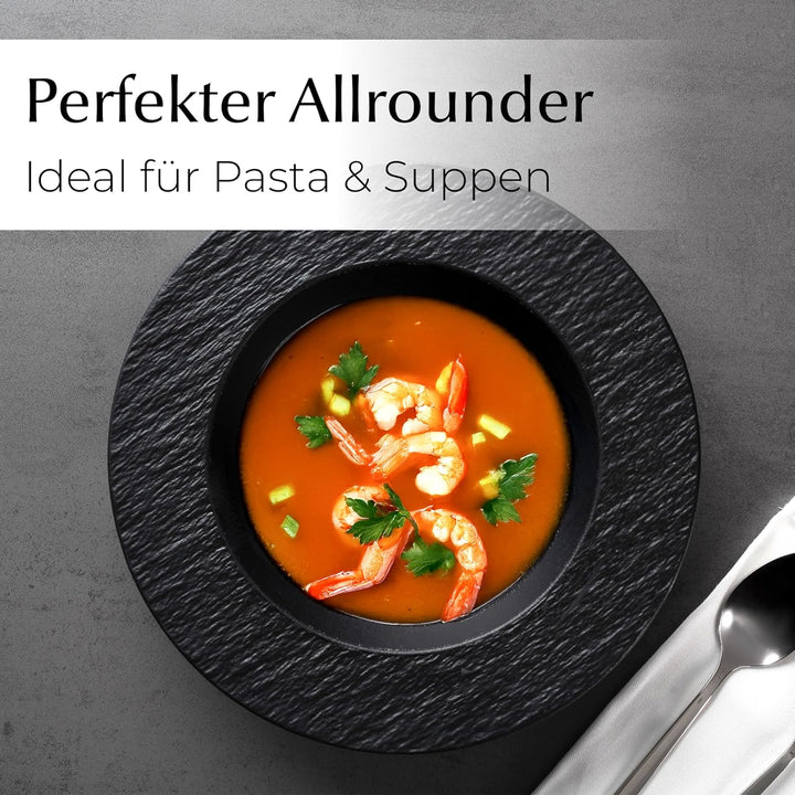 MIAMIO – 26 cm, 4er Pastateller-Set, grosse tiefe Suppenteller, modernes Keramik-Geschirr in schwarz