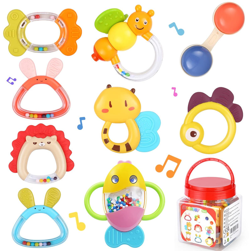 MOONTOY Baby Rassel BeissRing Set Baby Spielzeug ab 0 1 2 3 4 5 6 7 8 9 10 11 12 Monate, 9PCS Shaker