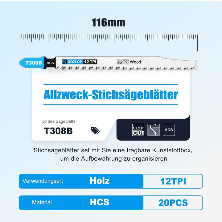 20tlgT308B Stichsägeblätter ，T-Schaft Stichsägeblatt Set mit Aufbewahrungskoffer für Holz ，sägeblätt