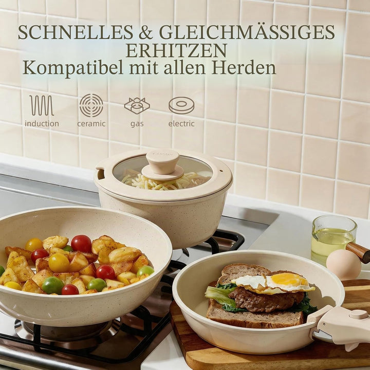 Keramik Topfsets Pfannenset 8 Teilig mit Abnehmbaren Griffen induktionsgeeignet mit Bratpfannen ofen