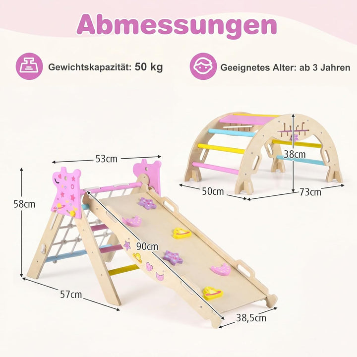 GOPLUS 8-in-1 Klettergerüst Indoor, Kletterdreieck Holz, 4er Set Kletterspielzeug mit Kletternetz, K