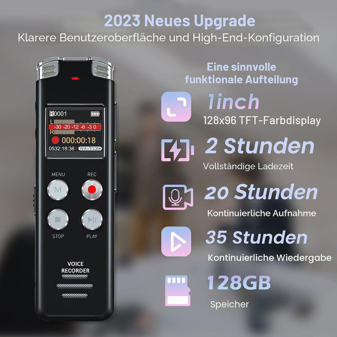 EVISTR Digitaler Voice-Recorder, 128 GB – Tonaufnahmegerät mit Sprachsteuerung und Geräuschreduzieru
