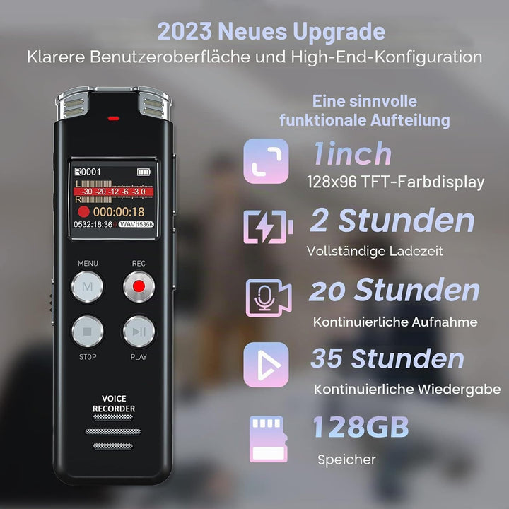 EVISTR Digitaler Voice-Recorder, 128 GB – Tonaufnahmegerät mit Sprachsteuerung und Geräuschreduzieru