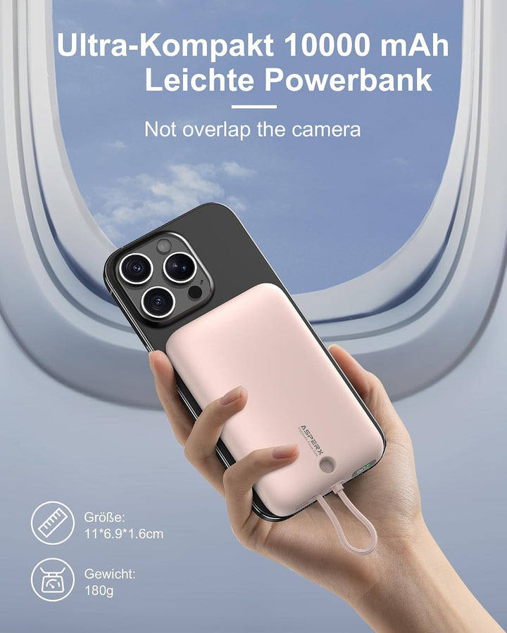 AsperX PD 22.5W 10000mAh Magnetische Powerbank für MagSafe | Mit USB-C Kabel,LED-Display,Portable Sl