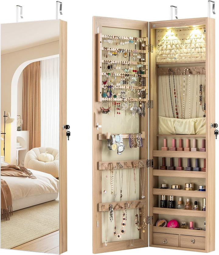 RELAX4LIFE Schmuckschrank Hängend, Spiegelschrank mit LED-Beleuchtung & Spiegel & Schloss, Schmuckor