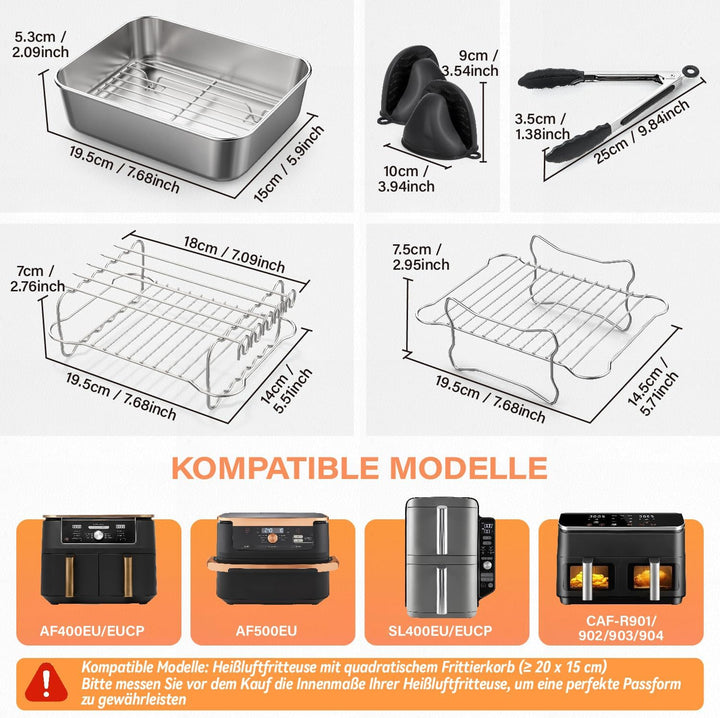Airfryer Zubehör, Auflaufform Airfryer aus Edelstahl 304, 14-teilig mit Auflaufform, Fettablaufgitte