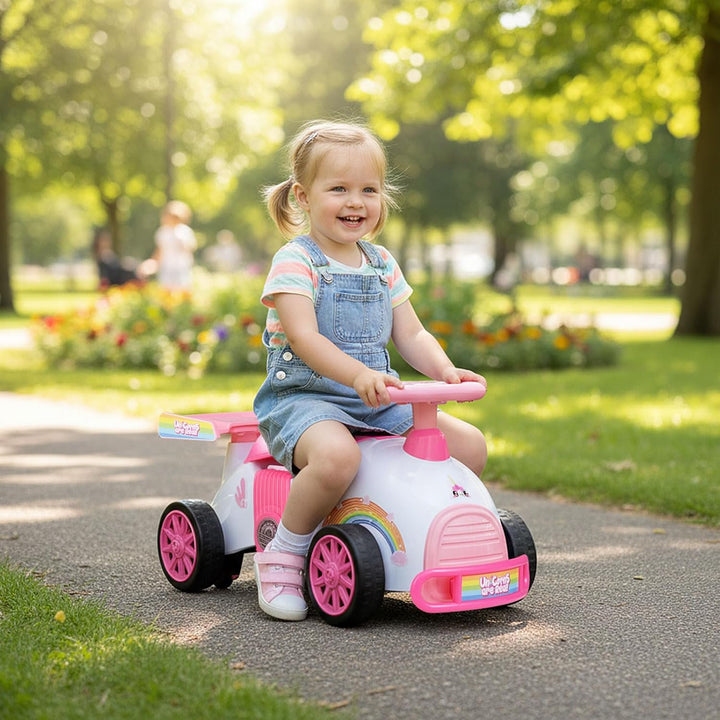 COSTWAY Rutschauto, Rutschfahrzeug im rosa Einhorn-Design, Kinderfahrzeug mit Musik & Stauraum unter