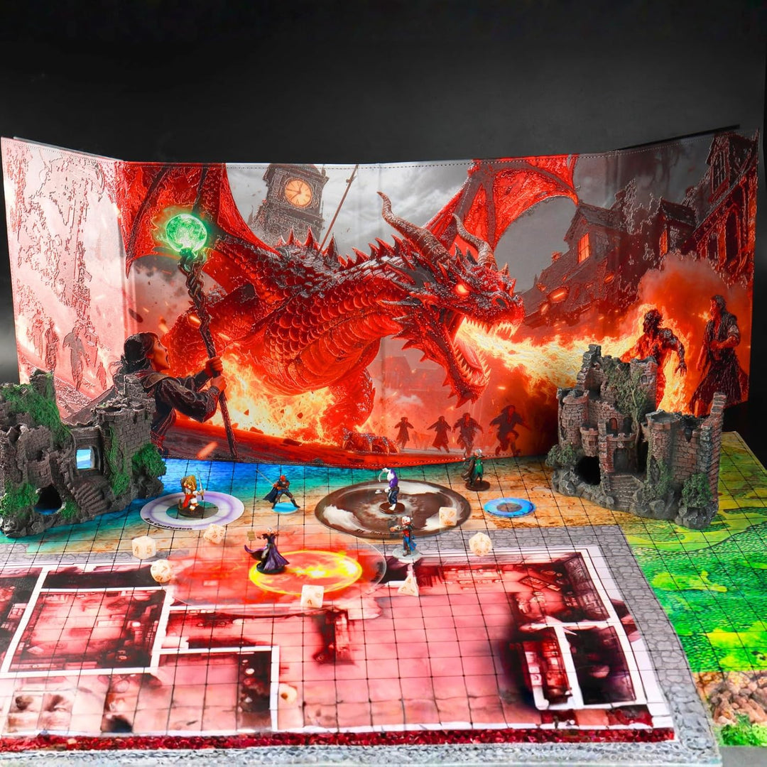 DND 5e DM Screen Deluxe-8 Kunstleder-Panels 2 schwenkbaren Nasslösch-Taschen&3D Relief Drachen Krieg