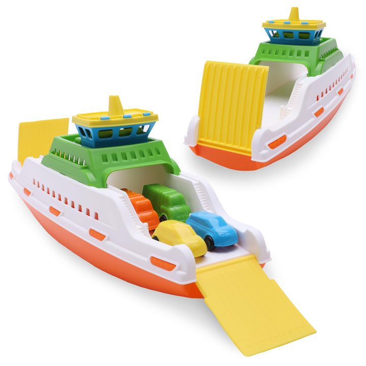 Toyland® 39cm (15 Zoll) Buntes Fährboot mit Beweglichen Rampen und 4 Mini-Autos – Schwimmendes Wasse
