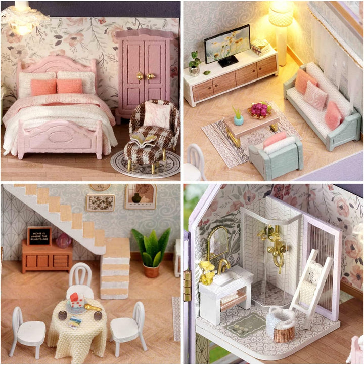 CUTEROOM DIY Miniatur Haus Puppenhaus Kit Puppenhaus Miniatur mit Möbeln und LED-Licht Miniatur Haus