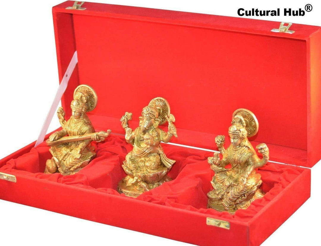 Ganesha Lakshmi Saraswati Set von drei Statuen aus Messing Skulpturen der Hindu Gott je Höhe 12,7 cm