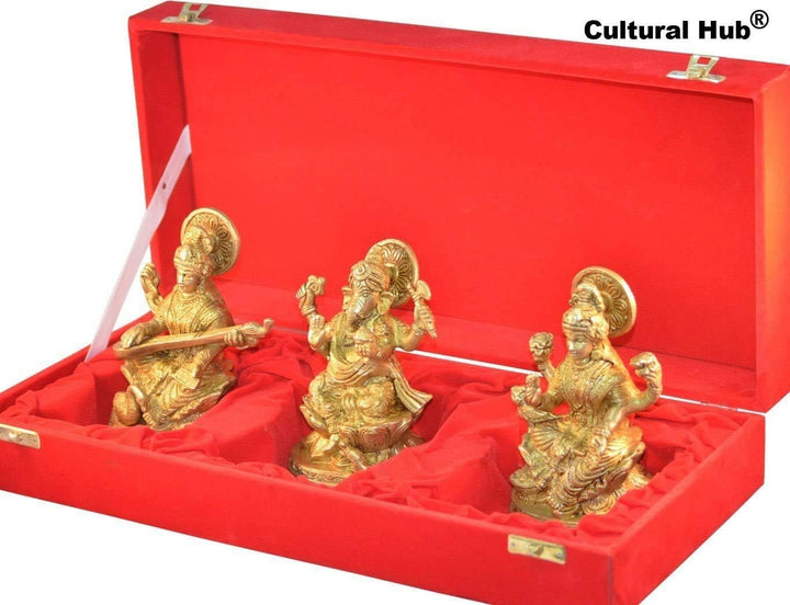 Ganesha Lakshmi Saraswati Set von drei Statuen aus Messing Skulpturen der Hindu Gott je Höhe 12,7 cm