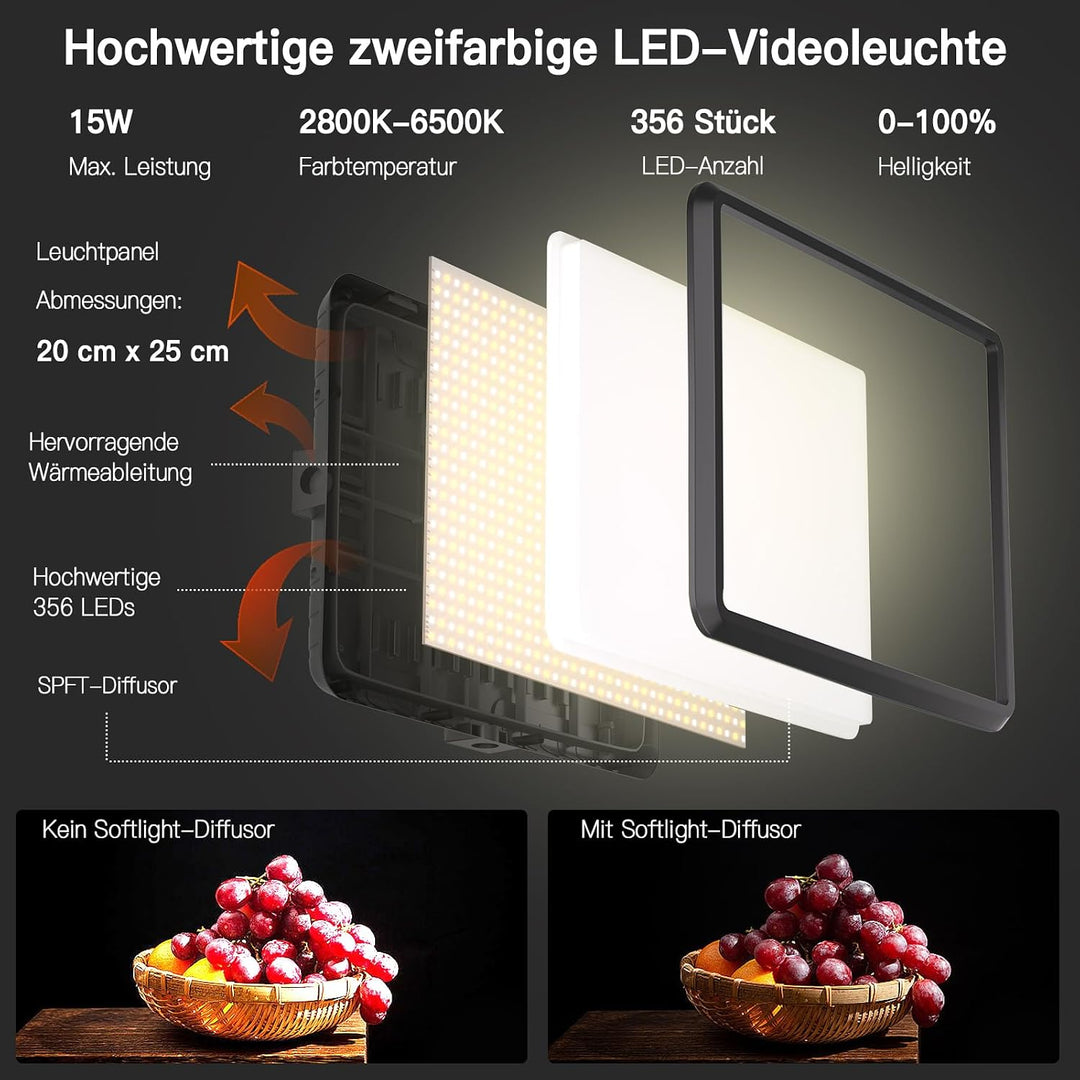 Video Licht Set, 2-Pack 25x20 cm 15 W LED Studio Fotolicht, Dimmbares 2800–6500K Kamera Licht für Vi
