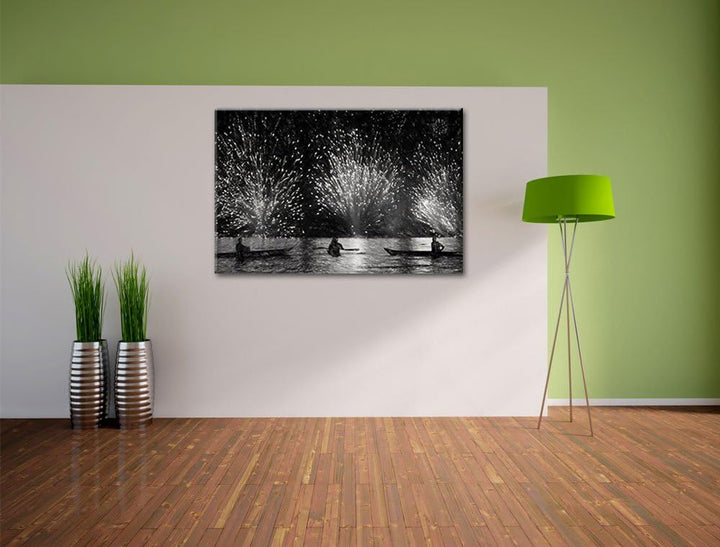 Pixxprint Feuerwerk auf dem Wasser / 100x70cm Leinwandbild bespannt auf Holzrahmen/Wandbild Kunstdru