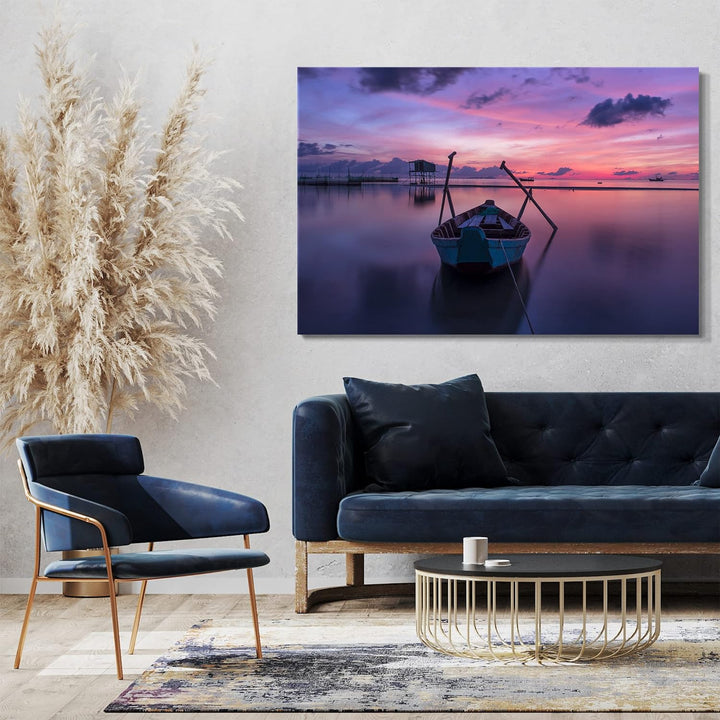 Printed Paintings Leinwand (80x60cm): Landschaftsbilder Boot auf See vor lila-rotem Himmel 80x60 cm,