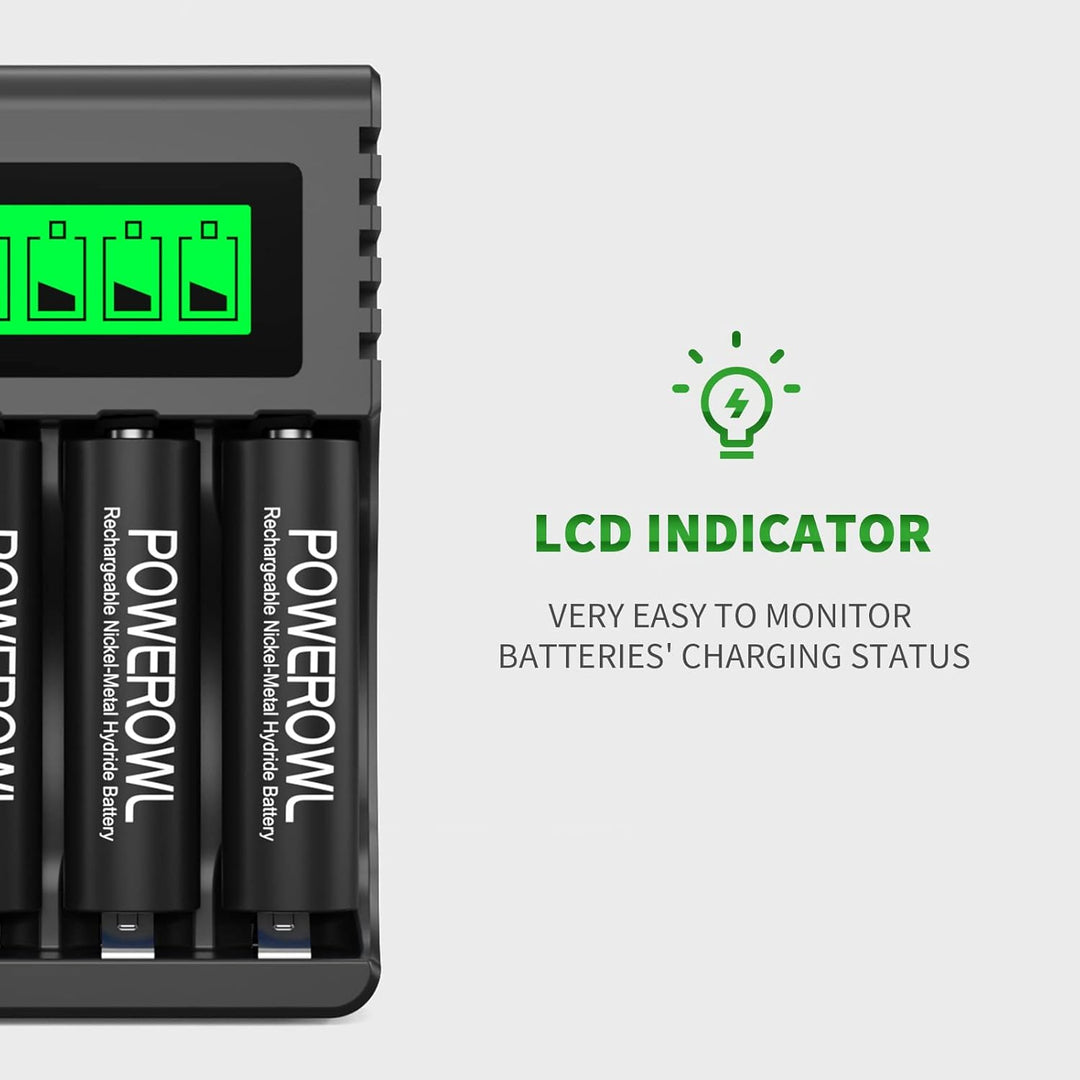 POWEROWL Akku Ladegerät mit 4 AA Akkus 2800mAh + 4 AAA Akkus 1000mAh - Akkuladegerät für NI-MH Wiede