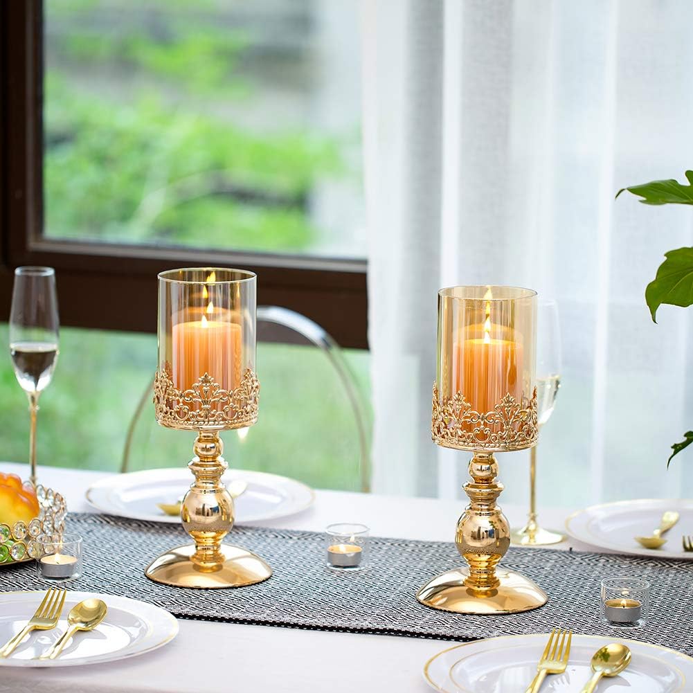 NUPTIO Säulenkerzenhalter mit Glas, 2er Set Hurricane-Kerzenhalter aus Gold Moderne Wohnkultur Gesch