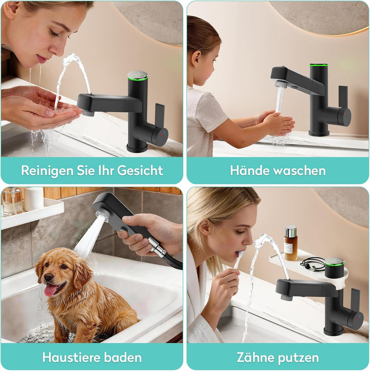 KAIYING Einhebelmischer Waschtischarmatur mit Herausziehbarer Brause, Bad Wasserhahn Ausziehbar mit