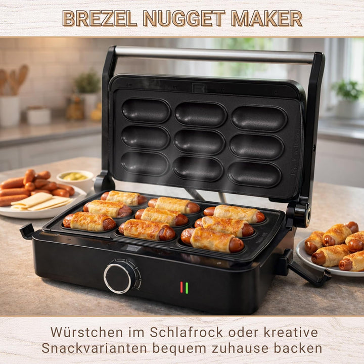 Syntrox Brezel Nugget Kombigerät Multifunktionsmaker mit Wechselplatten, Kontaktgrill Edelstahl, Mul