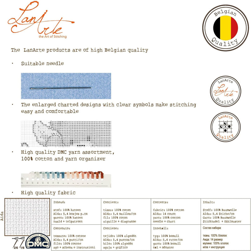 LANARTE PN Zählmusterpackung Blaue Vögel Aida Kreuzstichpackung, Baumwolle, Mehrfarbig, 29 x 39 x 0.