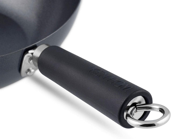 Ken Hom grosser Wok 27 cm Induktion Antihaft aus Karbonstahl mit Phenolharz-Griff - Set inkl. Hackme