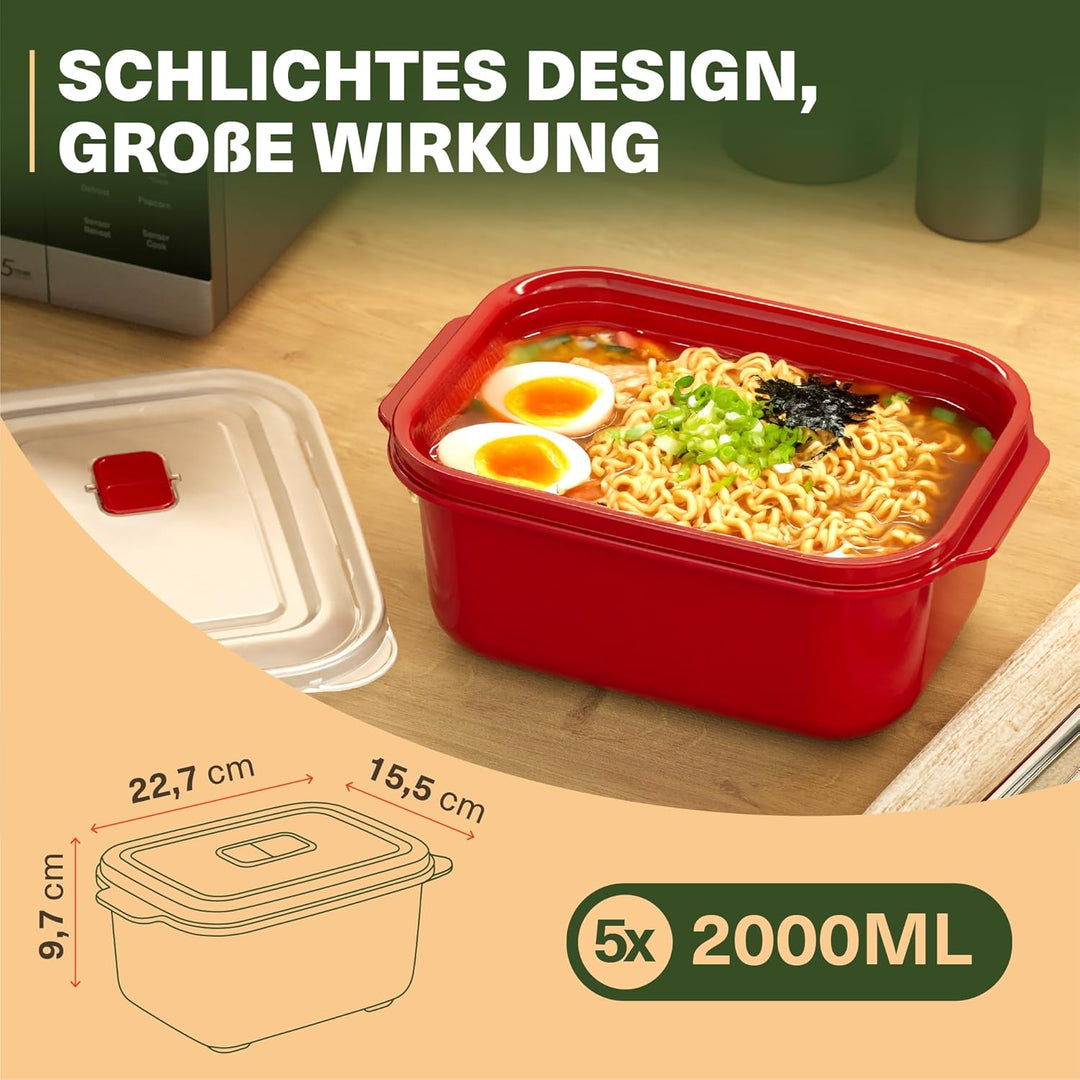 Lunchbox 2000 ml – Mikrowellenbehälter 5er Set für grosse Portionen, BPA-frei, auslaufsicher & stape