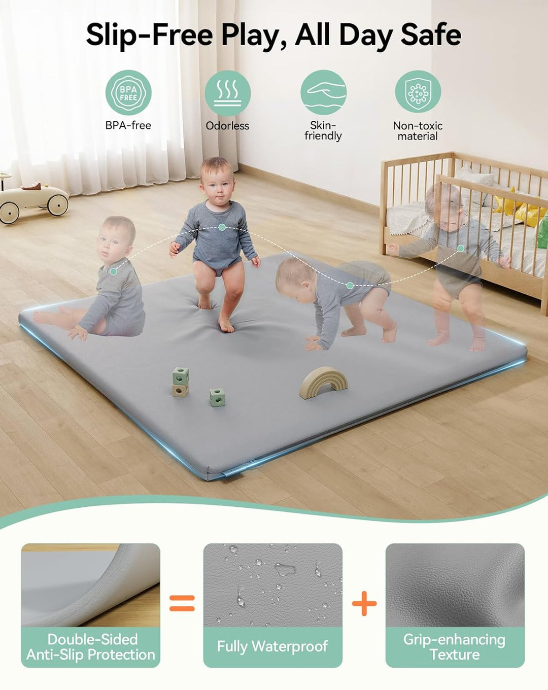 COMOMY Veganes Leder Krabbelmatte Baby, 127x127x3 cm Krabbeldecke für Baby, Extra Dicke und Weiche S