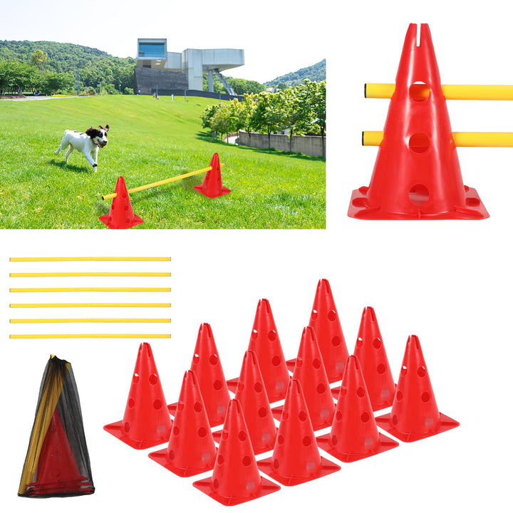 Steckhürdenset Hund, 12 Kegel, 6 Stangen Agility Hürden Steckhürden Set, Koordinationstraining für K