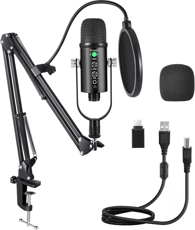 Aveek USB-Mikrofon, Kondensator-Aufnahme, Laptop, PC, Gaming-Mikrofon, Podcast-Mikrofon, Kit für Str