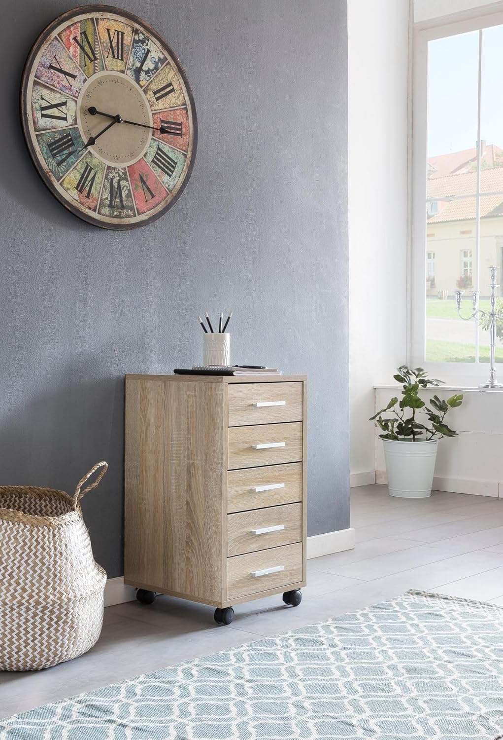 Wohnling Rollcontainer Sonoma 33 x 63 x 38 cm Holz Schubladenschrank Schreibtisch, Büro Schrank mit