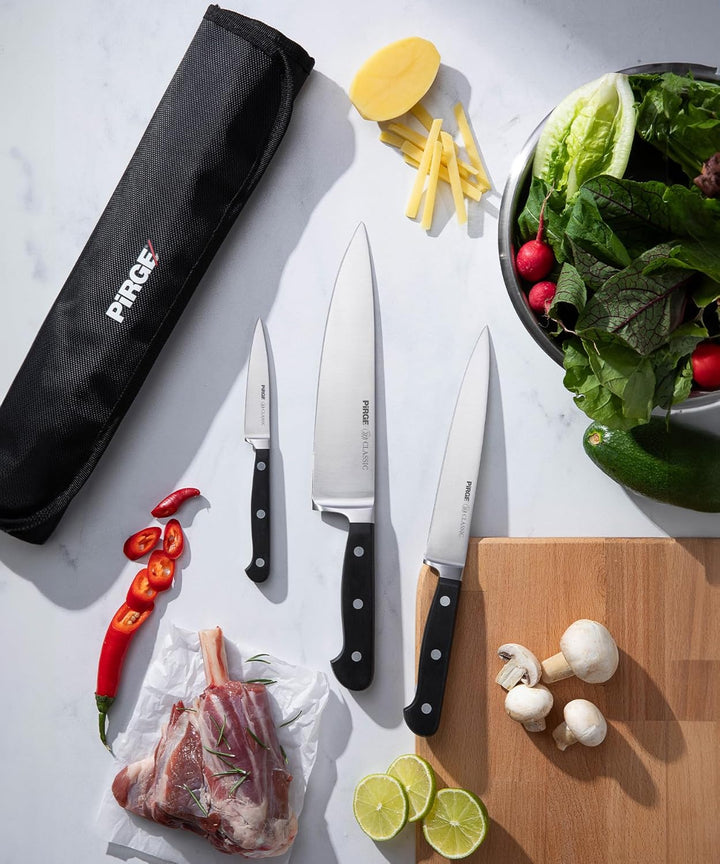 Pirge Classic Profi Messerset mit Tasche 4 Stück - Geschmiedet Messerset - Profi Kochmesser Set - Ed