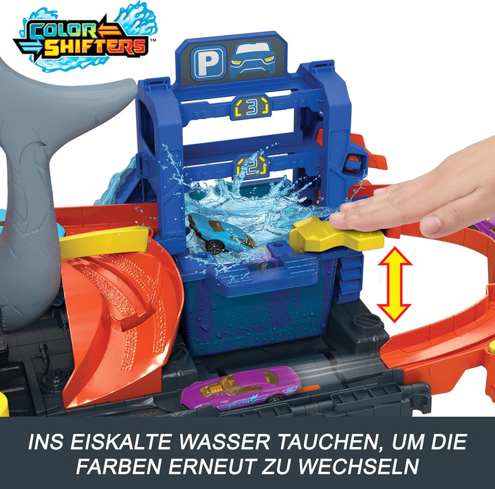 Hot Wheels Let's Race Netflix -City Spielzeugauto-Trackset, Ultimative Hai-Autowaschanlage mit Spiel