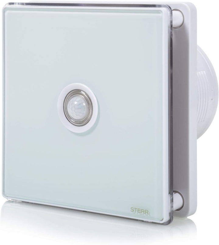 STERR Weisser Badlüfter 100 mm mit LED + PIR - Badezimmerventilator - Glasfront - Modernes Aussehen