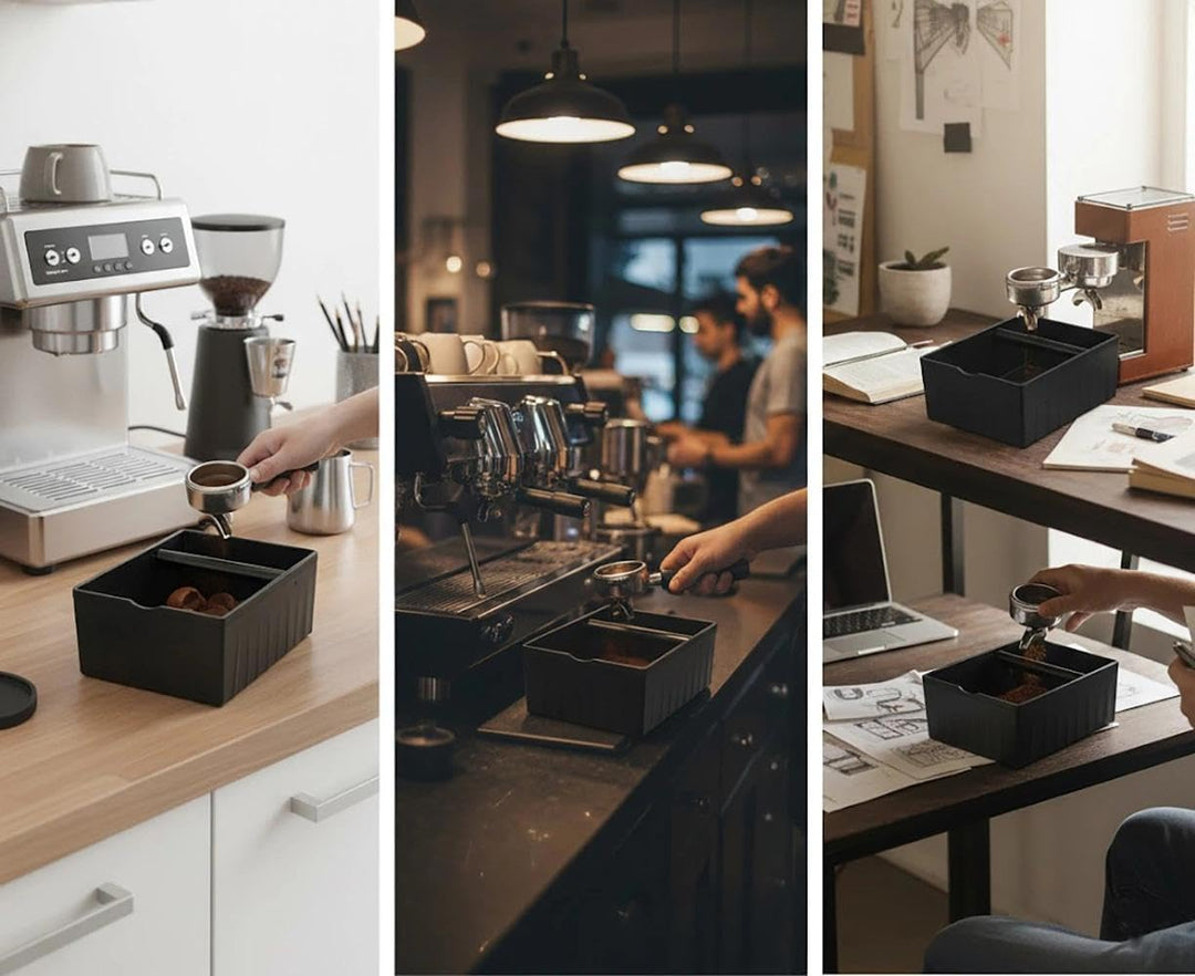 Premium Quadratische Espresso Knock Box ABS Abklopfbehälter mit stossdämpfender Klopfstange & Gummib