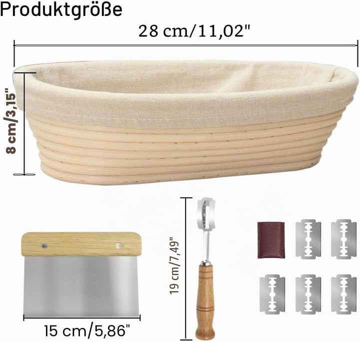 Gärkorb Oval 28cm Set, Gärkörbchen oval, Banneton Proof Basket Korb Set, Natürliches Rattan, Stoffei