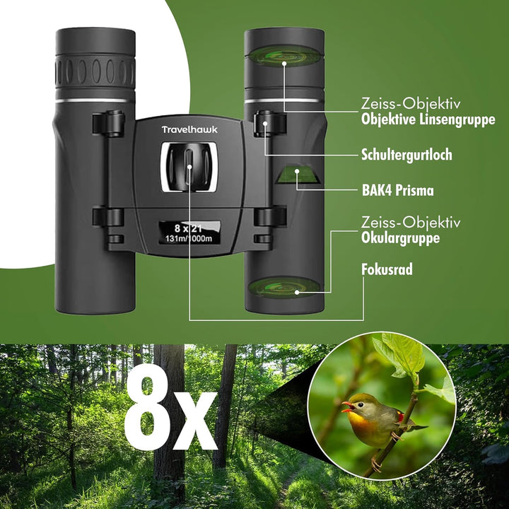Fernglas 8x21 FMC - Feldstecher für Brillenträger, Erwachsene und Kinder, BAK4 Prisma Wasserdicht, F