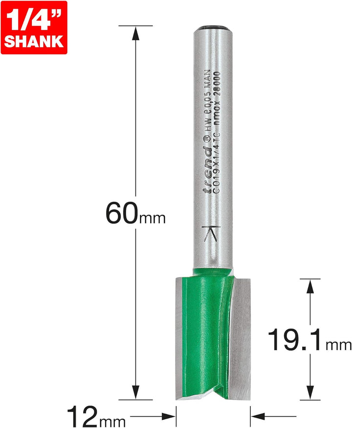 Trend CraftPro Zweischneidiger Spiralnutfräser, 1/4 Zoll Schaft, 12 mm Schnittdurchmesser & 19,1 mm
